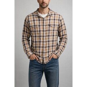 Brothers And Sons Gingham Plaid Long Sleeve Button-Down Flannel Brown Gold XL